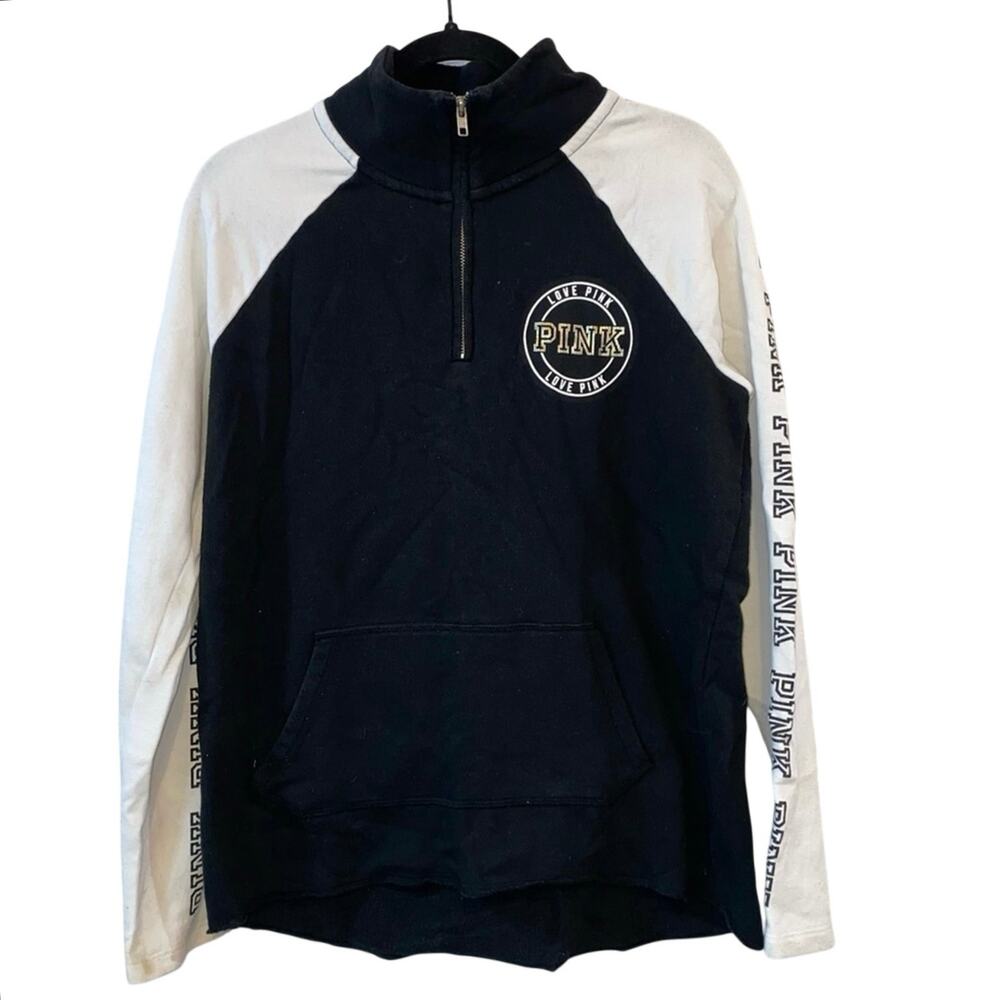 PINK Victoria's Secret Quarter Zip Pullover Small Black White Logo